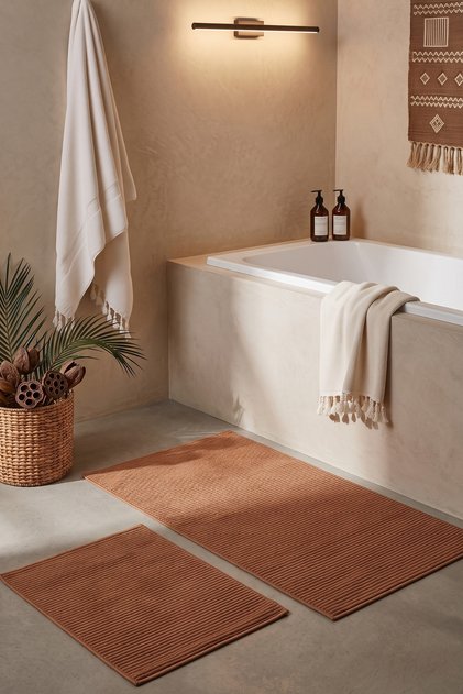 Liora Mustard Cotton Soft 2-Piece Bath Mat (60X100+50X60 cm) Non-Slip Base Washable Modern