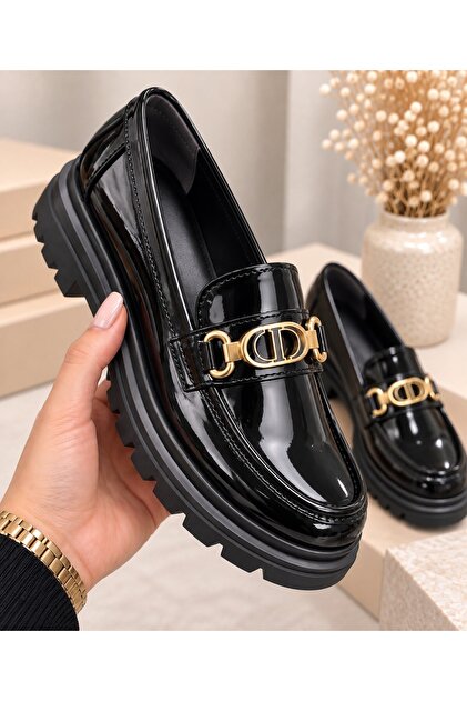 Shoes Kadın Tokalı Loafer Makosen Siyah Rugan Kalın Tabanlı Ayakkabı