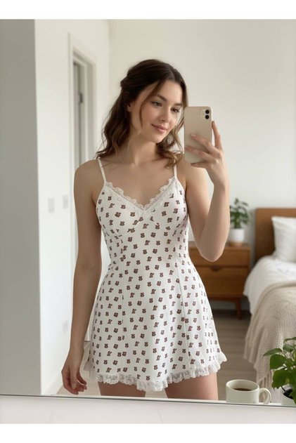 Soft Textured Cotton Camisole with Rope Straps Comfortable Nightgown