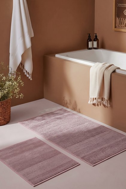 Liora Beige Cotton Soft 2-Piece Bath Mat (60X100+50X60 cm) Non-Slip Base Washable Modern