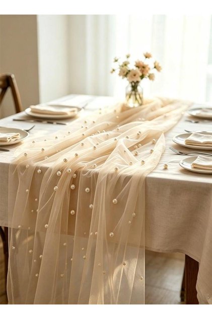 Pearl Gauze Table Runner, Gauze Tablecloth Rustic Sheer Runner Gauze Cloth Centerpiece Decor Boho Table Decor Wedding Table Runner for Wedding Reception Bridal Shower Party Decoration 80*300cm