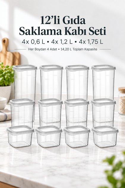 12-Piece Food Storage Container Set 4X0.6 L + 4X1.2 L + 4X1.75 L Transparent Kitchen and Food Storage Containers