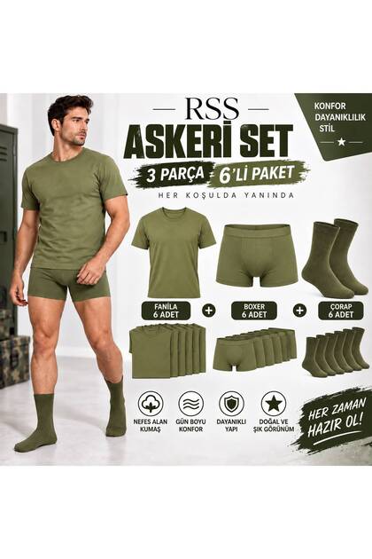 Askeri Fanila Boxer Çorap Seti Acemi Bedelli Asker Çamaşırı 6'Lı Set