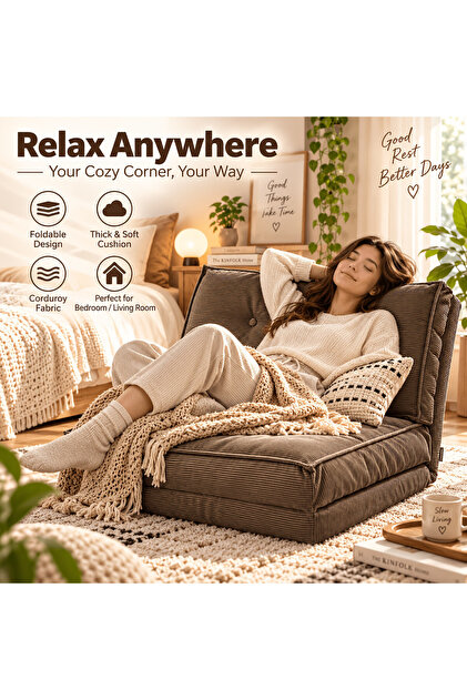 Foldable Floor Sofa Chair, Corduroy Lazy Lounge Couch with Thick Cushion and Backrest, Space-Saving Seating for Living Room Bedroom Balcony (Brown)