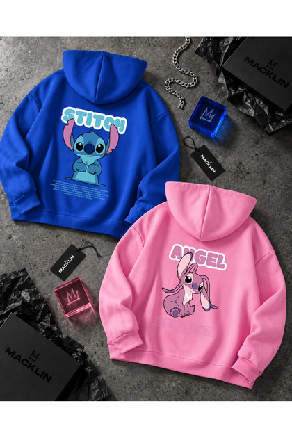 Lover - Friend Couple Combination Cute Stitch and Angel Back Printed Special Design Hooded Sweatshirt Set of 2