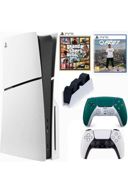 Playstation 5 Slim Cdli + 2.kol Dualsense Alpine Green + Şarj İstasyonu + GTA 5 + PS5 FC27 (İthalatçı Garantili)