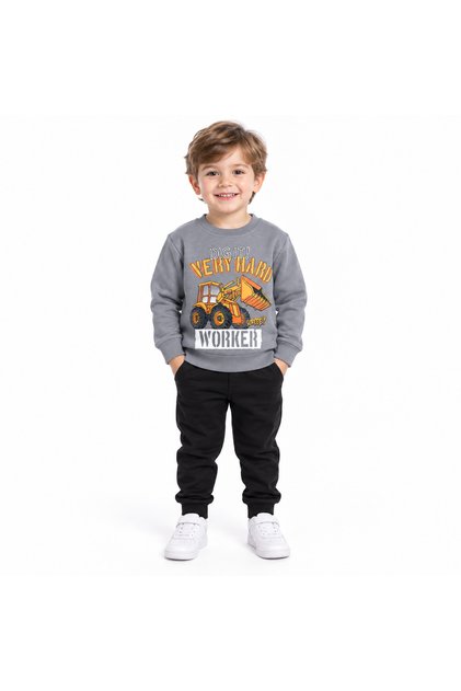 12509-26 Boy's 2 Thread Work Machine Printed Crew Neck Sweatshirt
