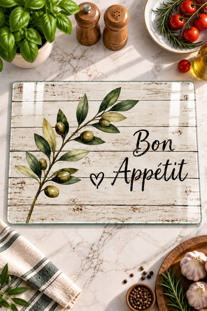 Glass Cutting Board Vintage Olive Branch Bon Appetit Themed - Glass Cutting Board | 30cm X 40cm