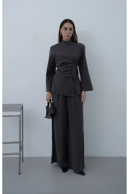 Tied Asymmetrical Zipper Pants Suit Brown