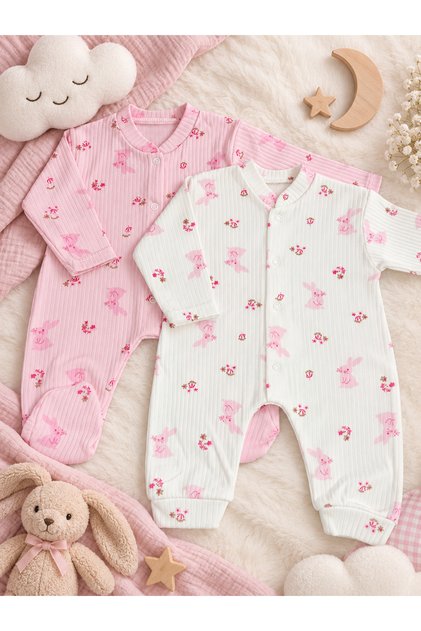 Bulut Anne-2-Pack Seasonal 100% Cotton Fabric Front Snap Jumpsuit with Booties-Without Booties