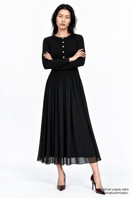 Waist-Slimming Tricot Garnished Lined Slim Fit Dress