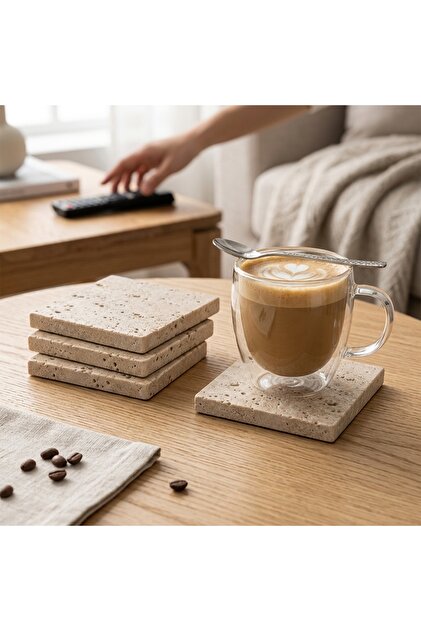 4’lü Doğal Traverten Bardak Altlığı 10 × 10 cm Keçe Tabanlı