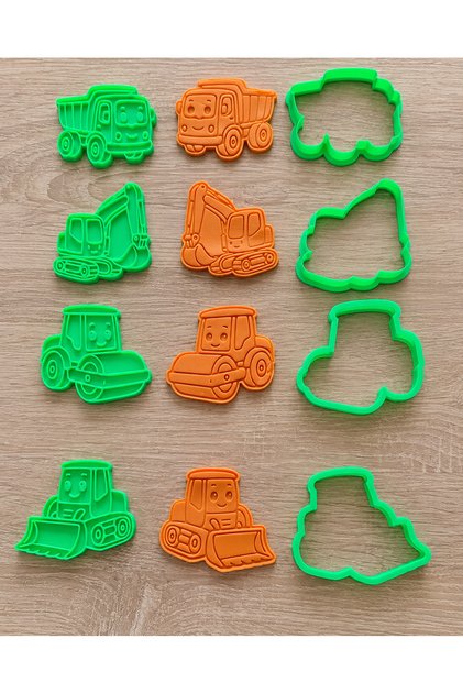 4-Piece Construction Machinery Cookie Cutter Set – Truck, Excavator, Road Roller and Dozer – Cutter + Stamp