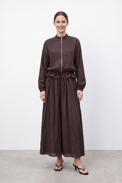 Brown Shirt and Skirt Set with Ruched Detail and Zip Detail