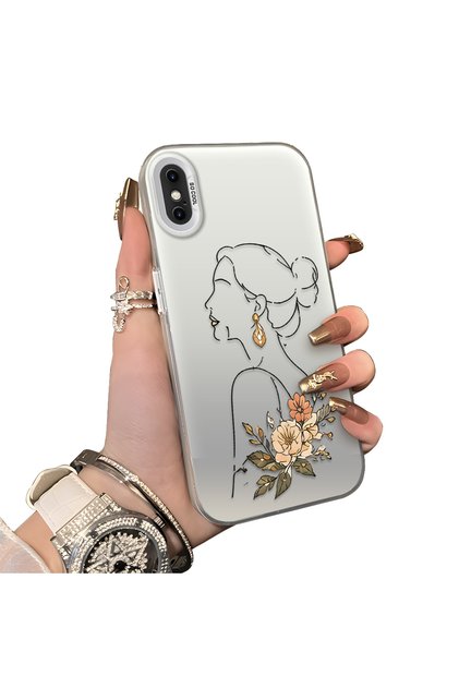 iPhone XS Compatible Silicone Edge Hard Back Case Line Art Patterned Phone Case