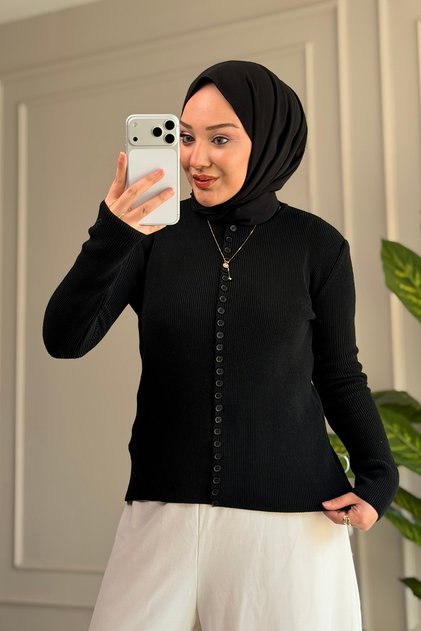 44334 - Stylish, Comfortable, Soft Cotton-Polyester Button Detailed Women's Knitwear Short Cardigan