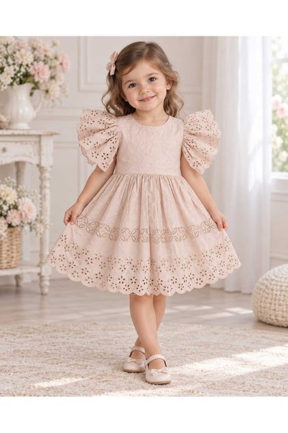 Girl's Hidden Zipper Brode Embroidered Ruffle Sleeves Stylish Special Occasion Dress