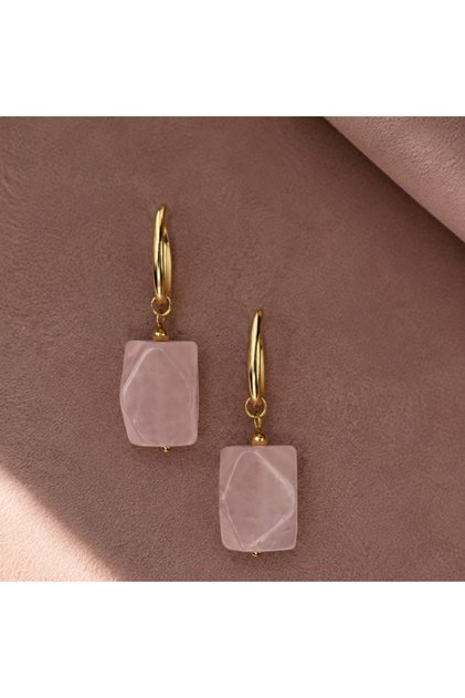 Pembe Kuvars Doğal Taşlı Çelik Detaylı Özel Tasarım Kadın Küpe