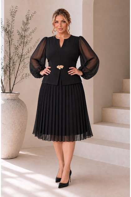 Rochie de seară midi pentru femei, mărime mare, cu guler înalt, broșă la talie, cu mâneci bufante și detaliu plisat 24175