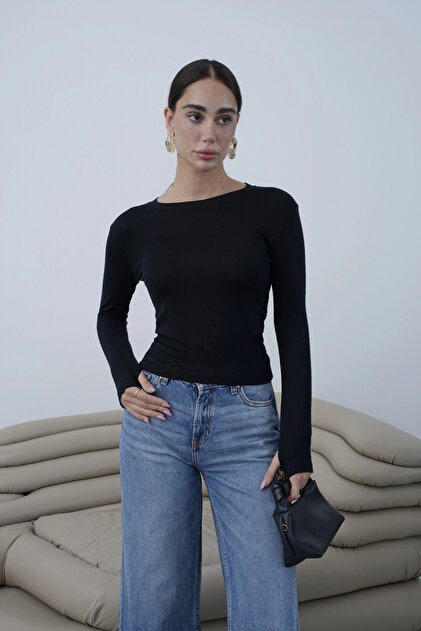 Boat Neck Long Sleeve Blouse with Finger Loop Detail Coffee