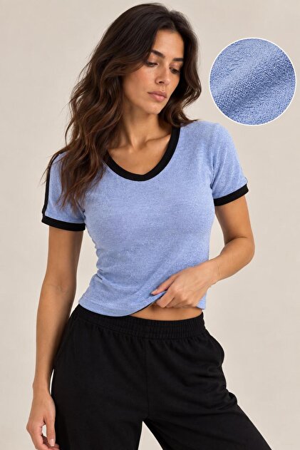 Contrast Striped Towel Textured V-Neck T-Shirt