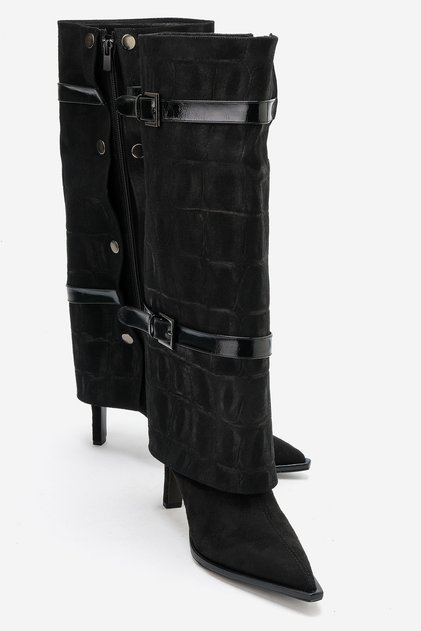 Pien Black Suede Print Pointed Toe Women's Thin Heeled Boots