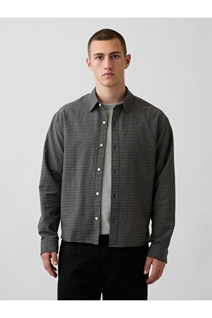 Erkek Gri Relaxed Crop Straight-Hem Oxford Gömlek