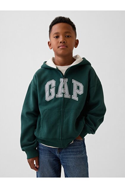 Erkek Çocuk Koyu Yeşil VintageSoft Logo Fermuarlı Sweatshirt