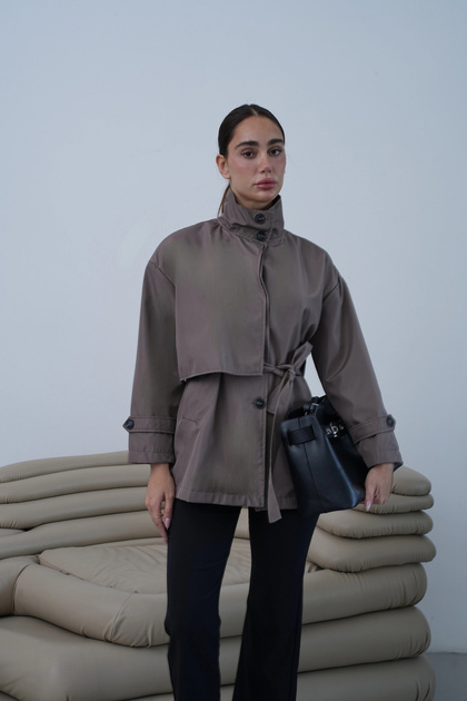 Back Detailed Design Belted Trench Coat Mink