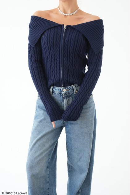 Women's Navy Blue Hair Braided Madonna Collar Double Zipper Cardigan