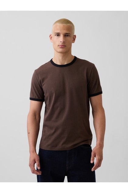 Erkek Kahverengi Klasik Bisiklet Yaka T-Shirt