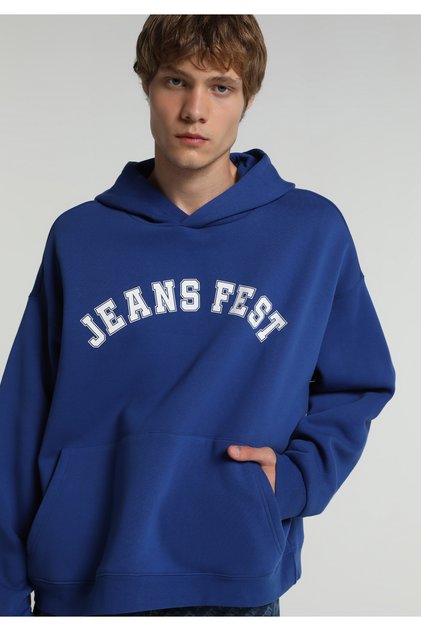 Oversize Fit Hooded Plain Men's Blue Sweatshirt