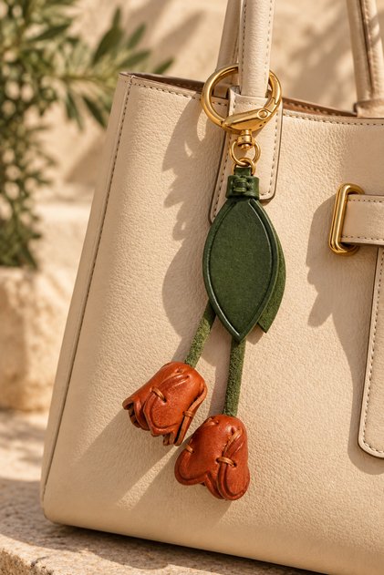 Hakiki Deri Çiçek Figürlü Çanta Charmı – El Yapımı Çanta Aksesuarı