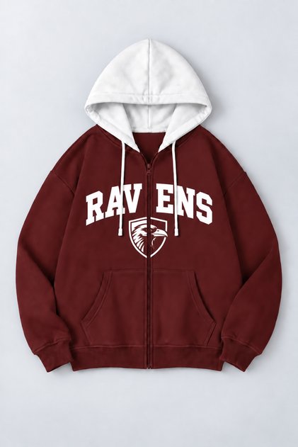 Unisex Ravens Printed Burgundy White Color Block Hooded Zipper Cardigan