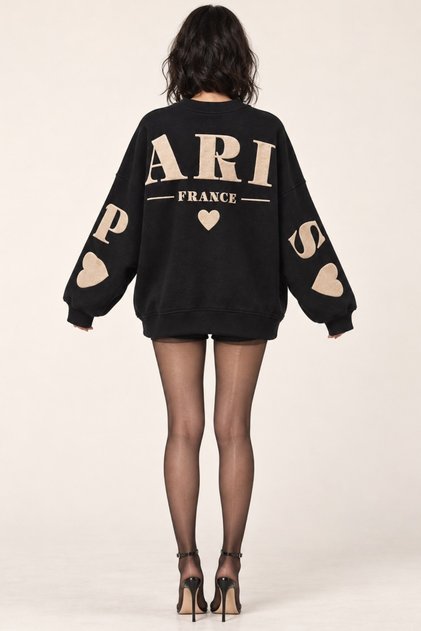 Women's Oversize Sweatshirt Paris 3D Printed Black – Crew Neck, Printed on Sleeves and Back, 3 Yarns