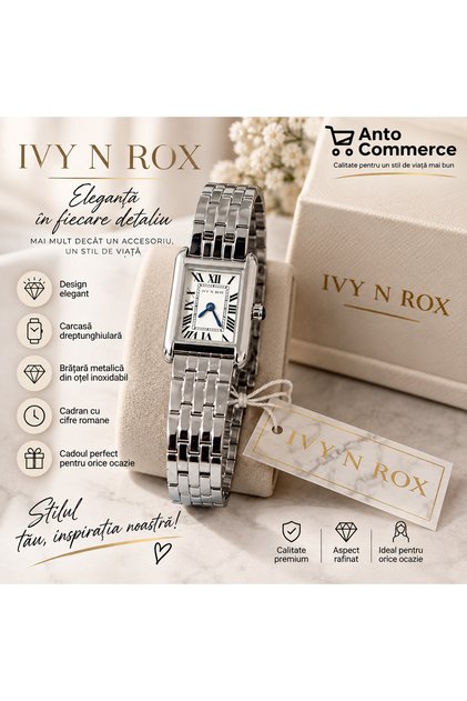 Ceas de Damă IVY N ROX, Argintiu, Carcasă Dreptunghiulară, Cadran cu Cifre Romane, Brățară Metalică, Design Elegant – Produs Livrat Fără Cutie, Doar Ceasul