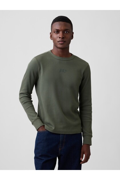 Erkek Haki Waffle-Knit Bisiklet Yaka T-Shirt