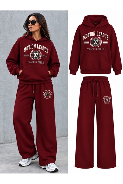 Oversize Motion League Printed Hooded 100% Cotton Wide Leg Tracksuit Set