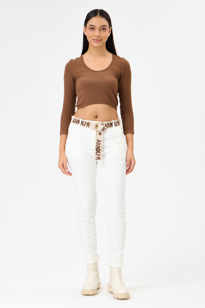 Women's White Italian Belted Skinny Fit Lycra Velvet Trousers 38 - 44 Size