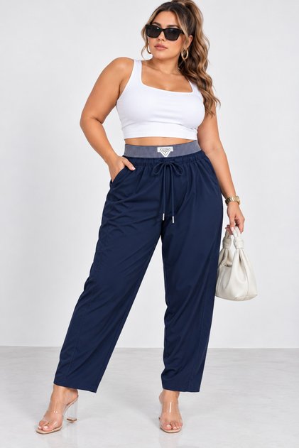 Plus Size Elastic High Waist Lace-Up Women's Trousers with Pockets