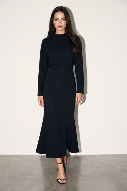 Black Long Sleeve Midi Dress with Tie Detail at the Collar