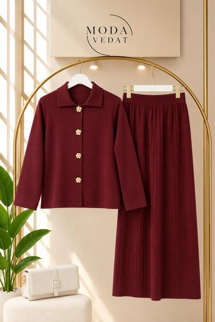 Women's Knitwear Skirt with Pleated Detail Set -0475 (Suitable for Sizes 36-38-40)