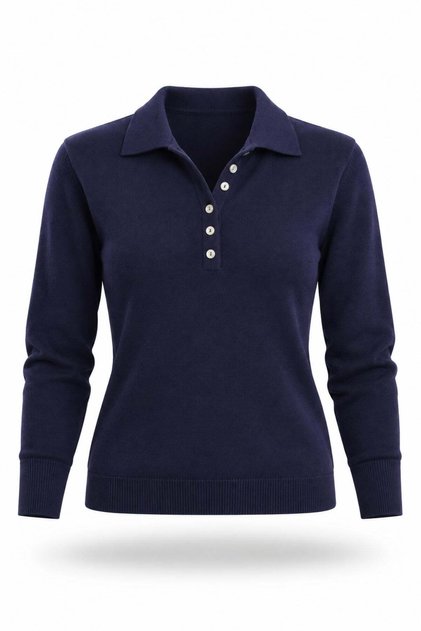 Navy Blue Polo Collar Lyocell Yarn Knitwear
