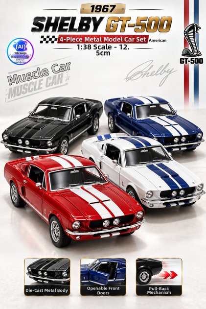 Die Cast 1967 Shelby Gt-500 Model Car Set of 4 13cm – 1:38 Scale Metal Body Pull-Open Door Pull-Open Window Pull-Open Hood Pull-Open Trunk