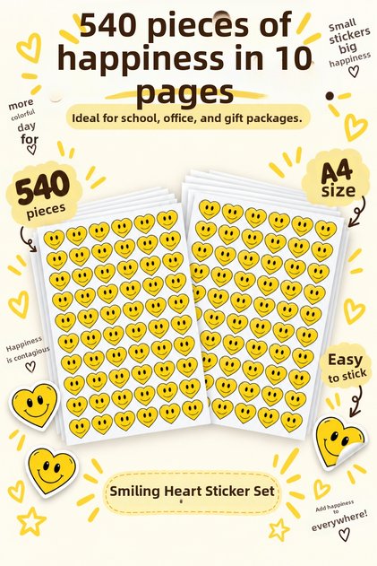 Smiling Heart Sticker Set 540 Pieces 10 Sheets Yellow Smile Heart Sticker – Notebook, Laptop, Gift Decoration Label