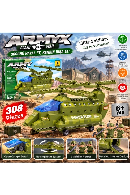 Military Helicopter Building Set 308 Pieces Combat Helicopter with Soldier Figures and Detailed Block Set