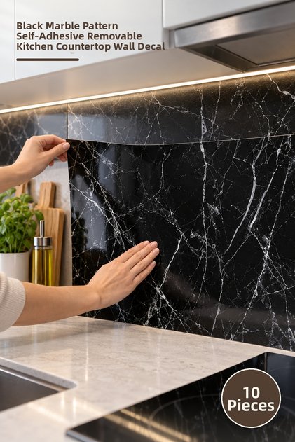 10 Pieces Aluminum Plastic Wall Sticker – Black Marble Pattern Self-Adhesive Removable Covering for Kitchen Countertops Wall Decal