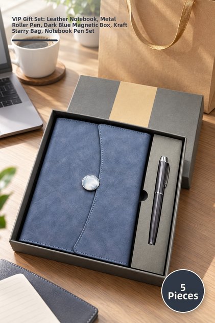 5 Piece Promotional Notebook Pen Set – Vip Gift Set Thermo Leather Notebook Metal Roller Pen Navy Blue Magnetic Box Kraft Gilded Bag Notebook Pen Set