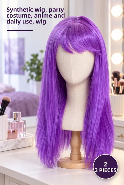 2pcs purple color straight cut long wigs - synthetic fake hair, party costume, anime and daily use, wig