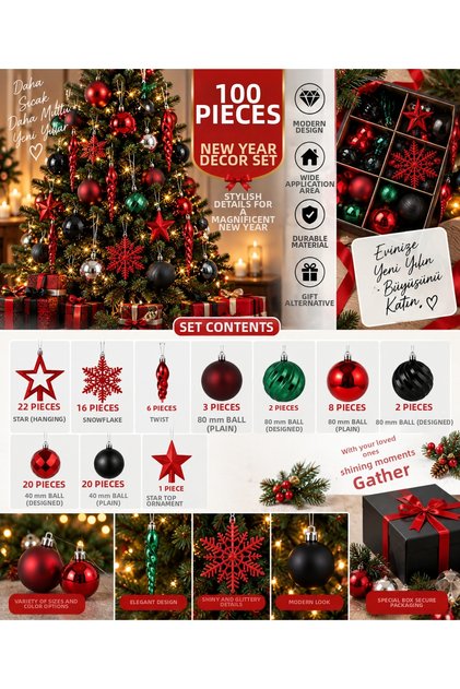 🔥 100 Piece Christmas Ornament Set – Red Black Silver Star Snowflake Ball Pendant | Rich Content, Stylish Decoration